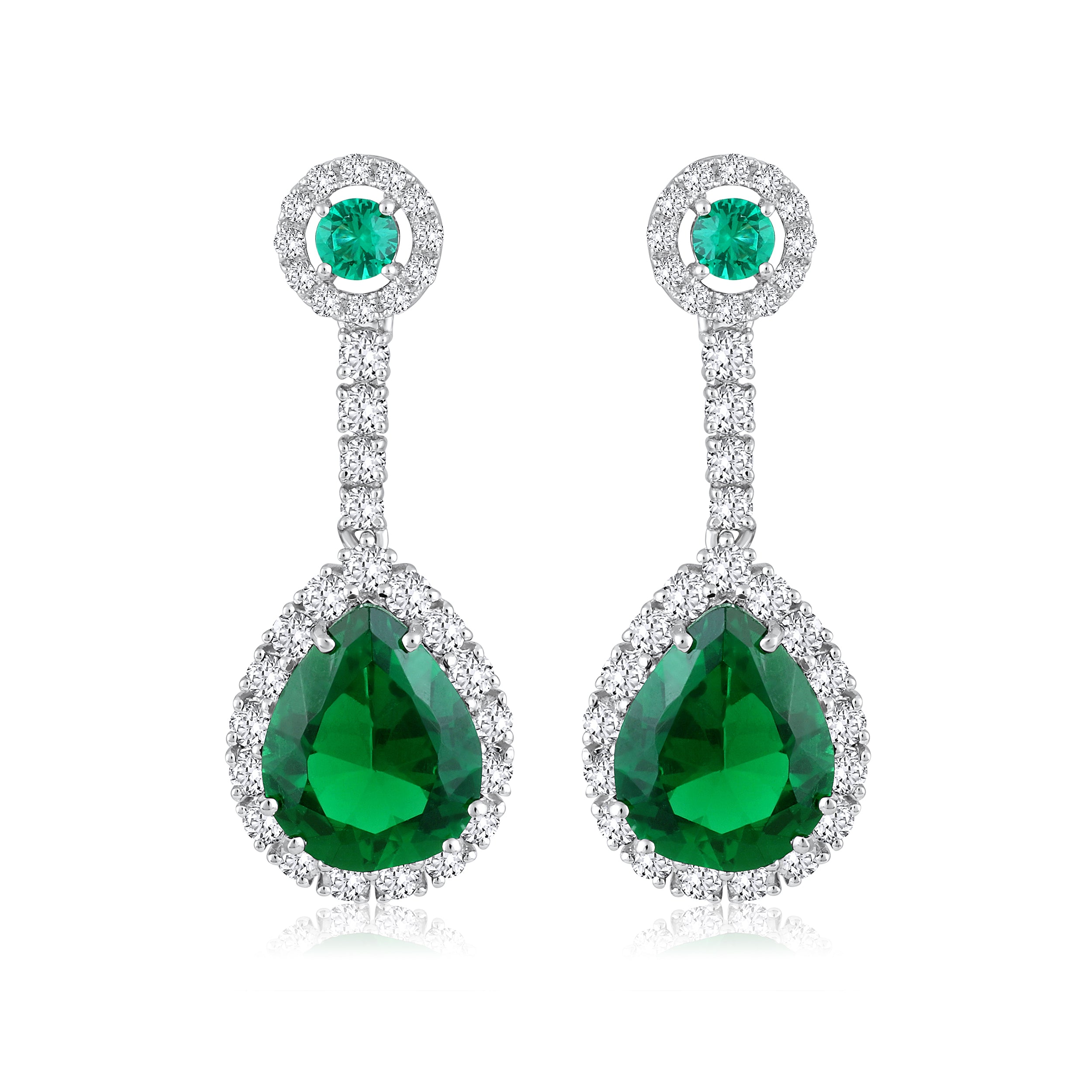 Certified 14K Gold 4.7ct Natural Diamond w/ Simulated Emerald Pear Drop Dangle White Earrings