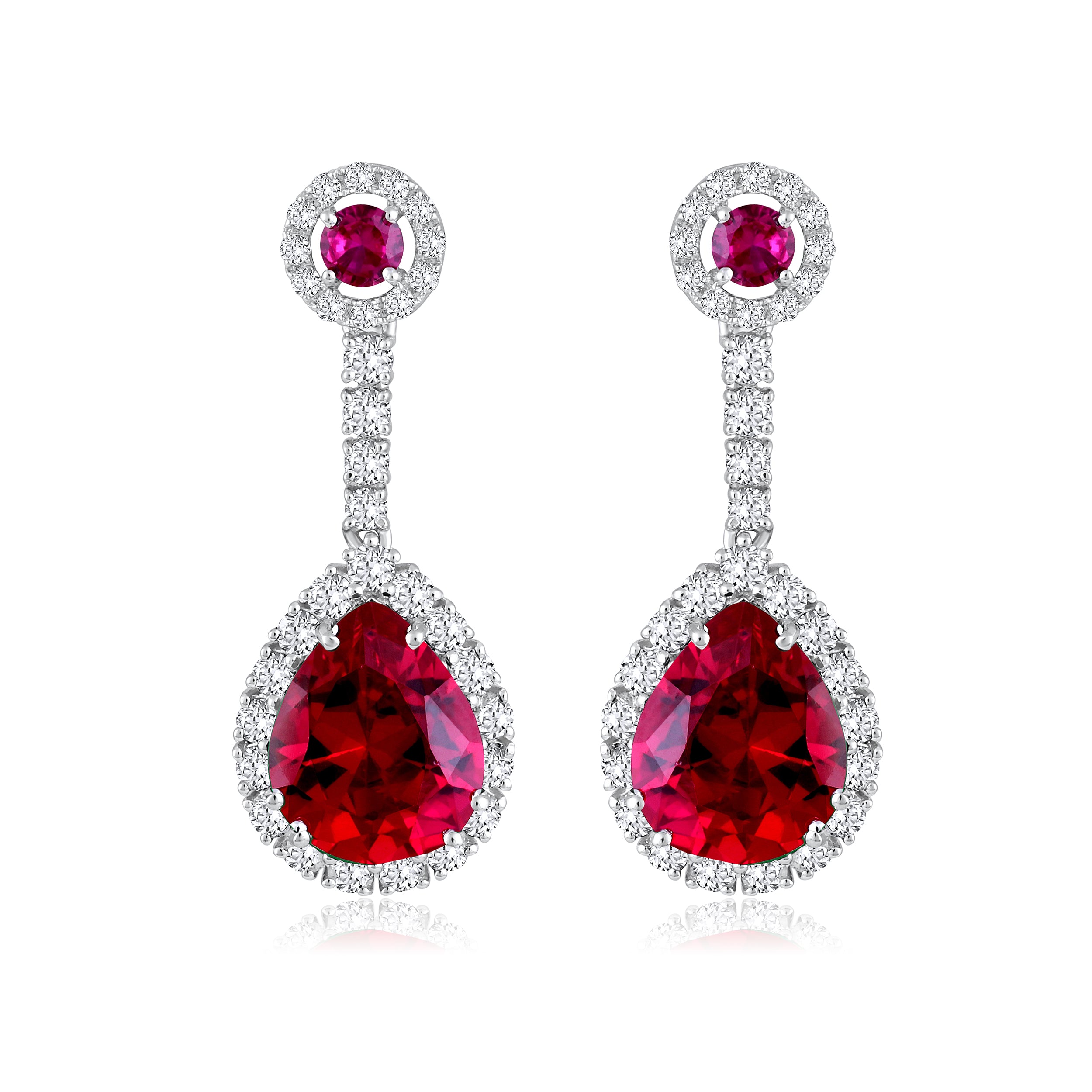 Certified 14K Gold 7.6ct Natural Diamond w/ Simulated Ruby Pear Drop Dangle Earrings