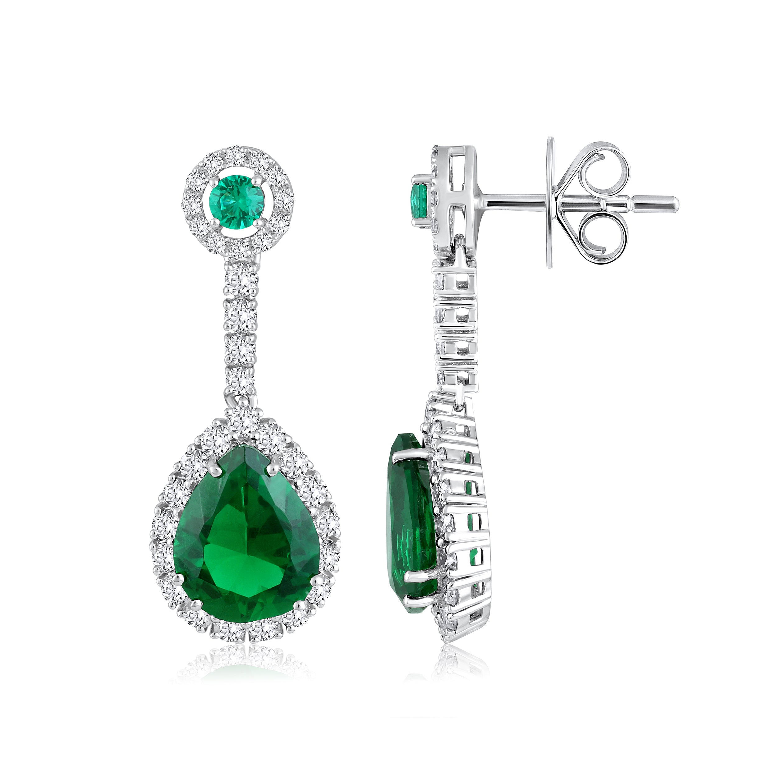 Certified 14K Gold 4.7ct Natural Diamond w/ Simulated Emerald Pear Drop Dangle White Earrings