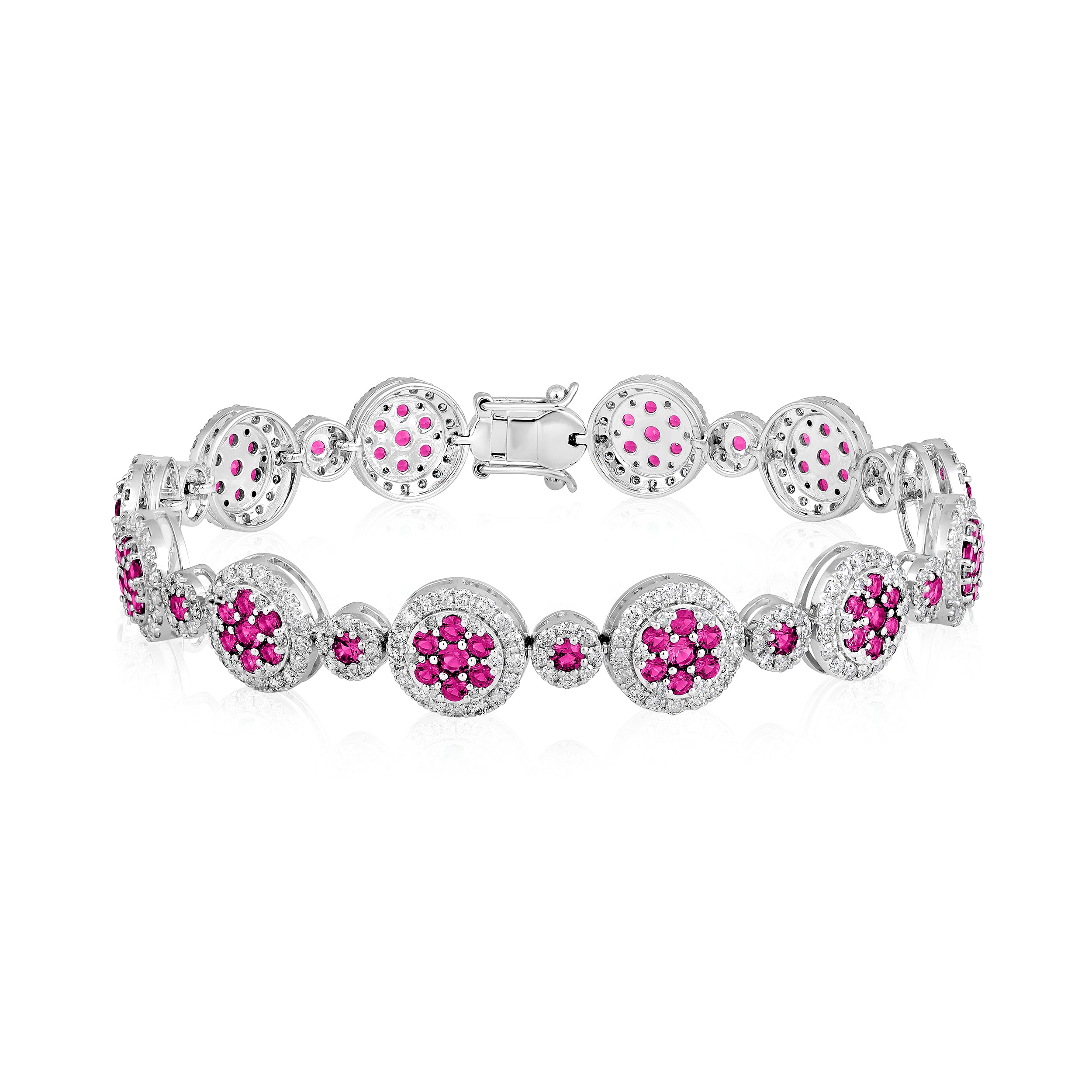 Certified 14K Gold 6.9ct Natural Diamond w/ Simulated Ruby Round Flower Tennis White Bracelet