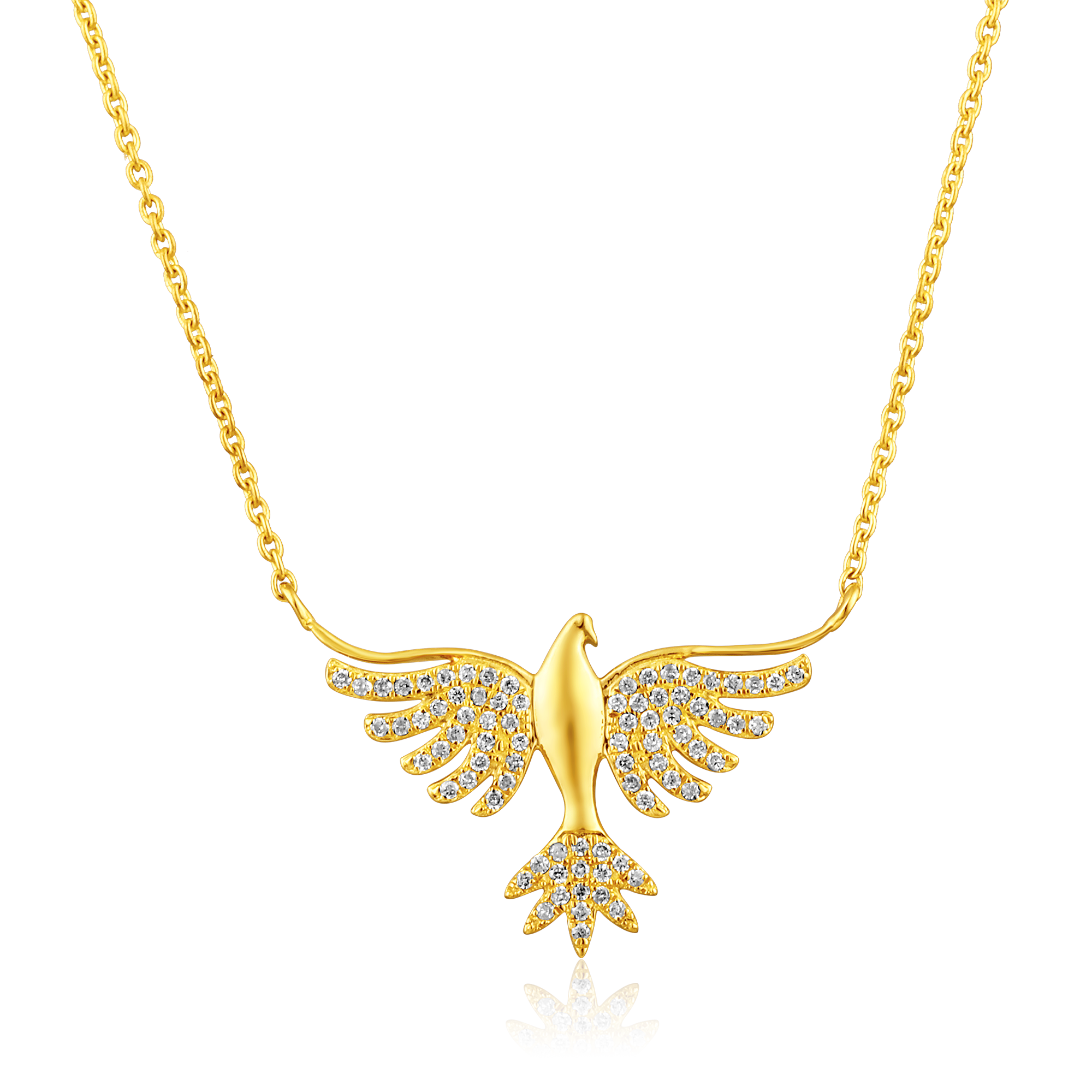 Certified 14K Gold 0.13ct Natural Diamond Phoenix Fly Eagle Hawk Charm Necklace