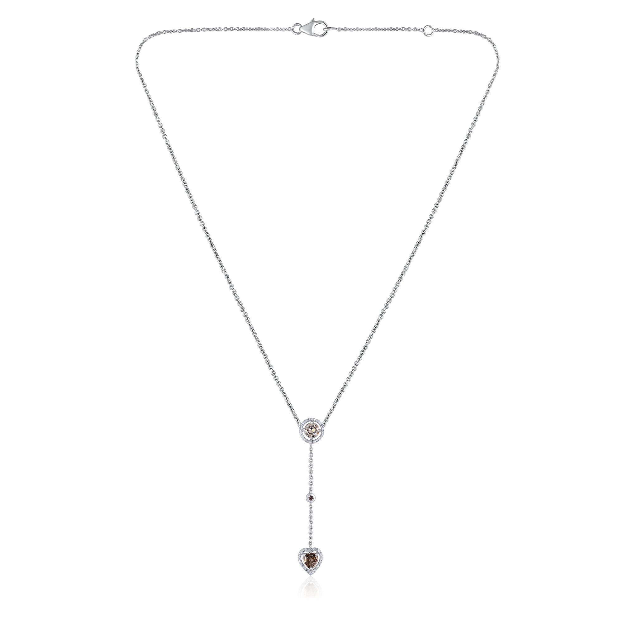 Certified 14K Gold 1.2ct Natural Diamond Brown Heart Ball Lariat Y Drop White Necklace