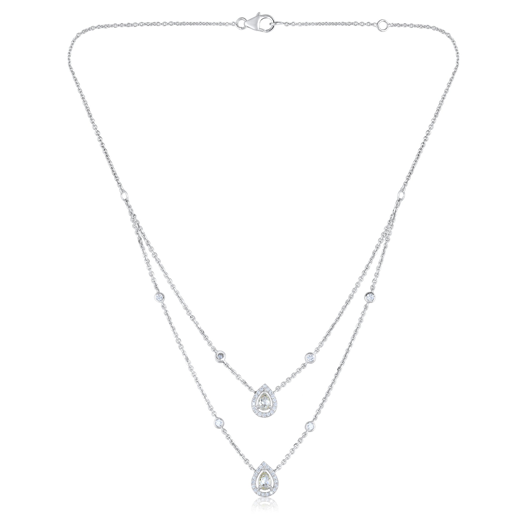 Certified 14K Gold 1.3ct Natural Diamond Pear Designer 2 Chain Layer White Necklace