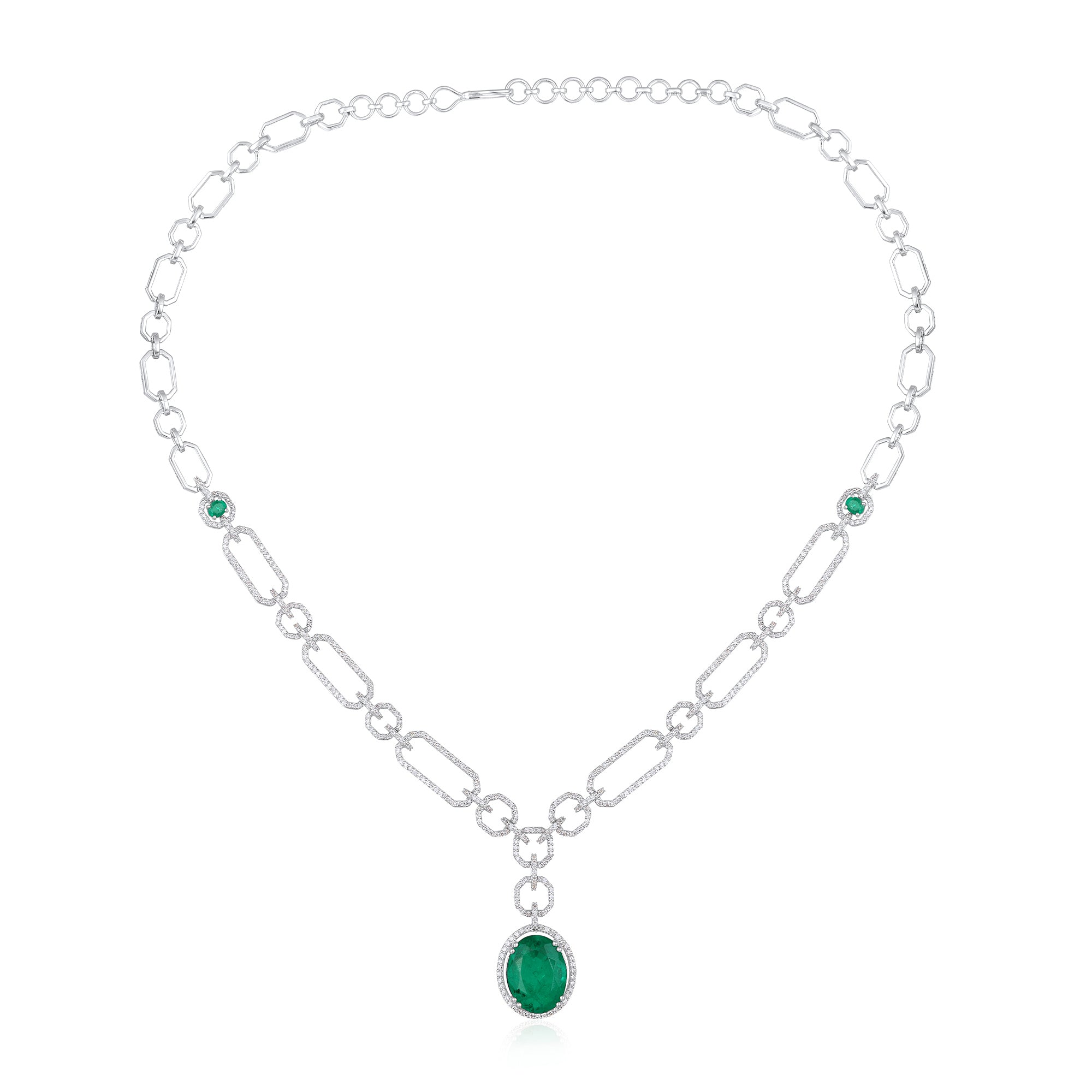 Certified 14K Gold 11.6ct Natural Diamond w/ Simulated Emerald Wedding White Necklace