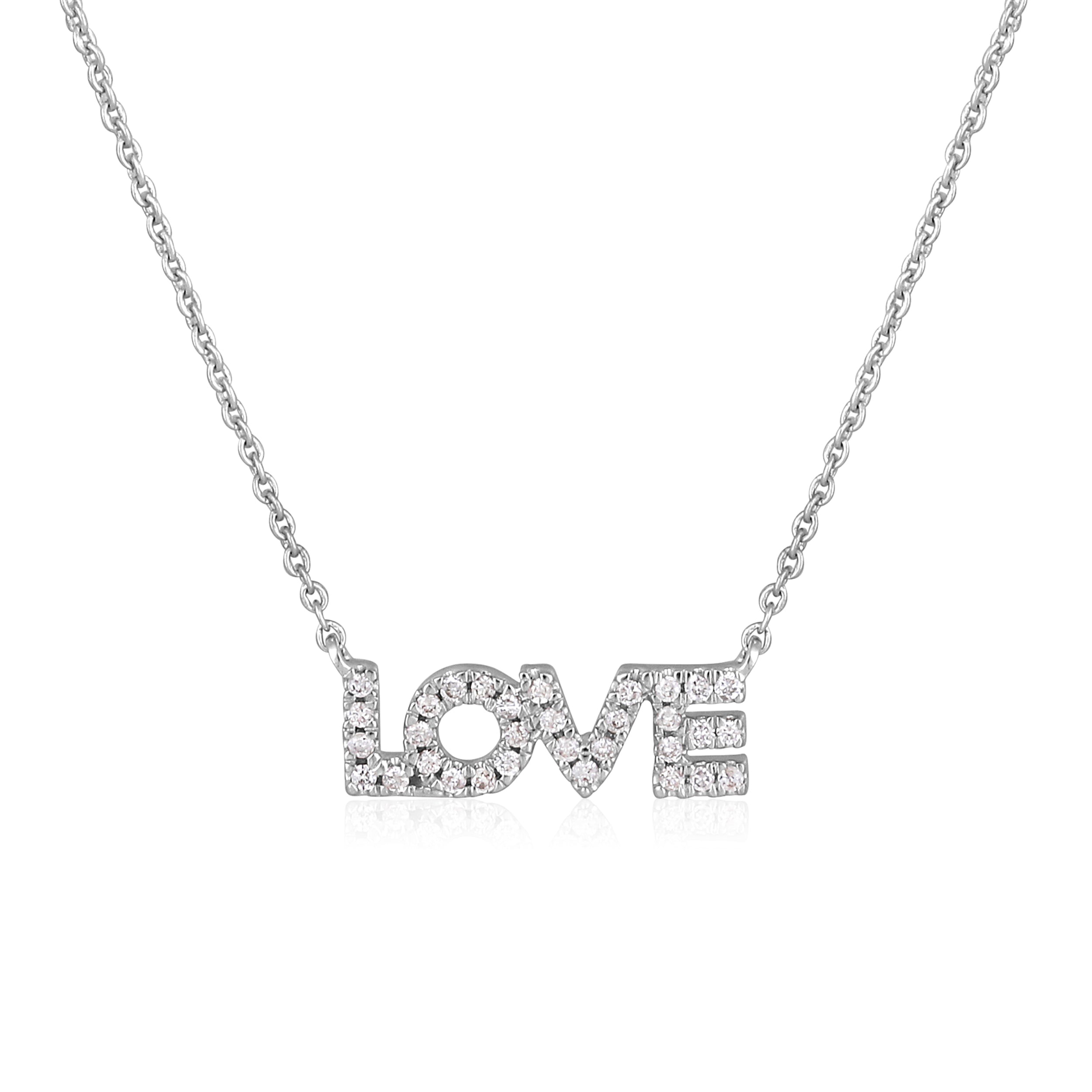 Certified 14K Gold 0.11ct Natural Diamond F-I1 LOVE Alphabet Bold Charm White Necklace