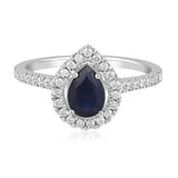 Certified 14K Gold 1ct Natural Sapphire w/ Natural Diamond G-I1 Pear Solitaire Halo White Ring