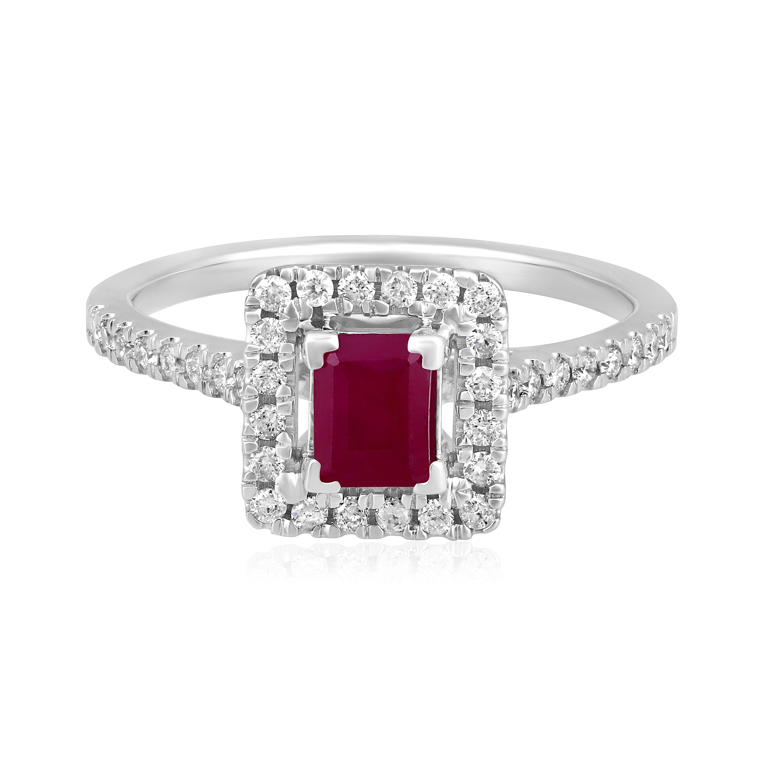 Certified 14K Gold 1ct Natural Ruby w/ Natural Diamond Solitaire Square Halo Certified White Ring