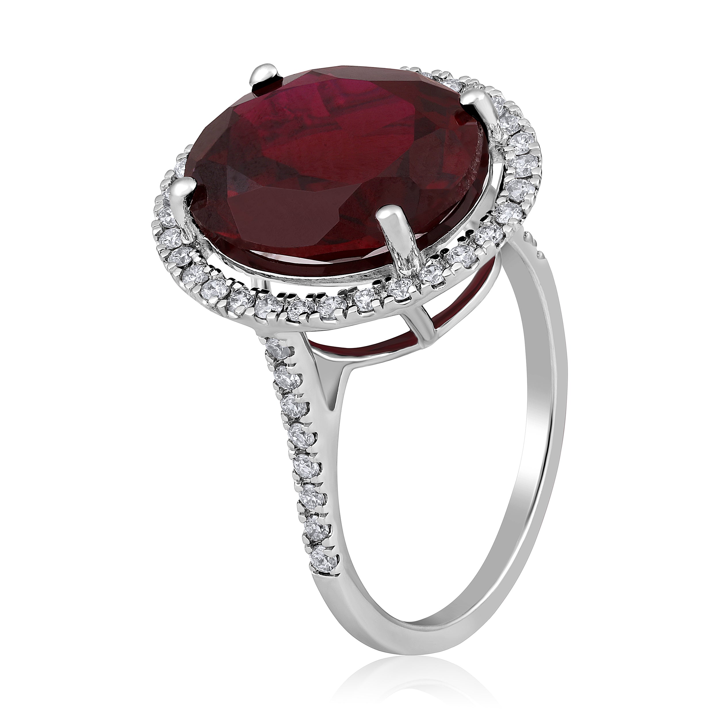 Certified 14K Gold 8.7ct Natural Diamond w/ Simulated Ruby Red Oval Halo White Ring