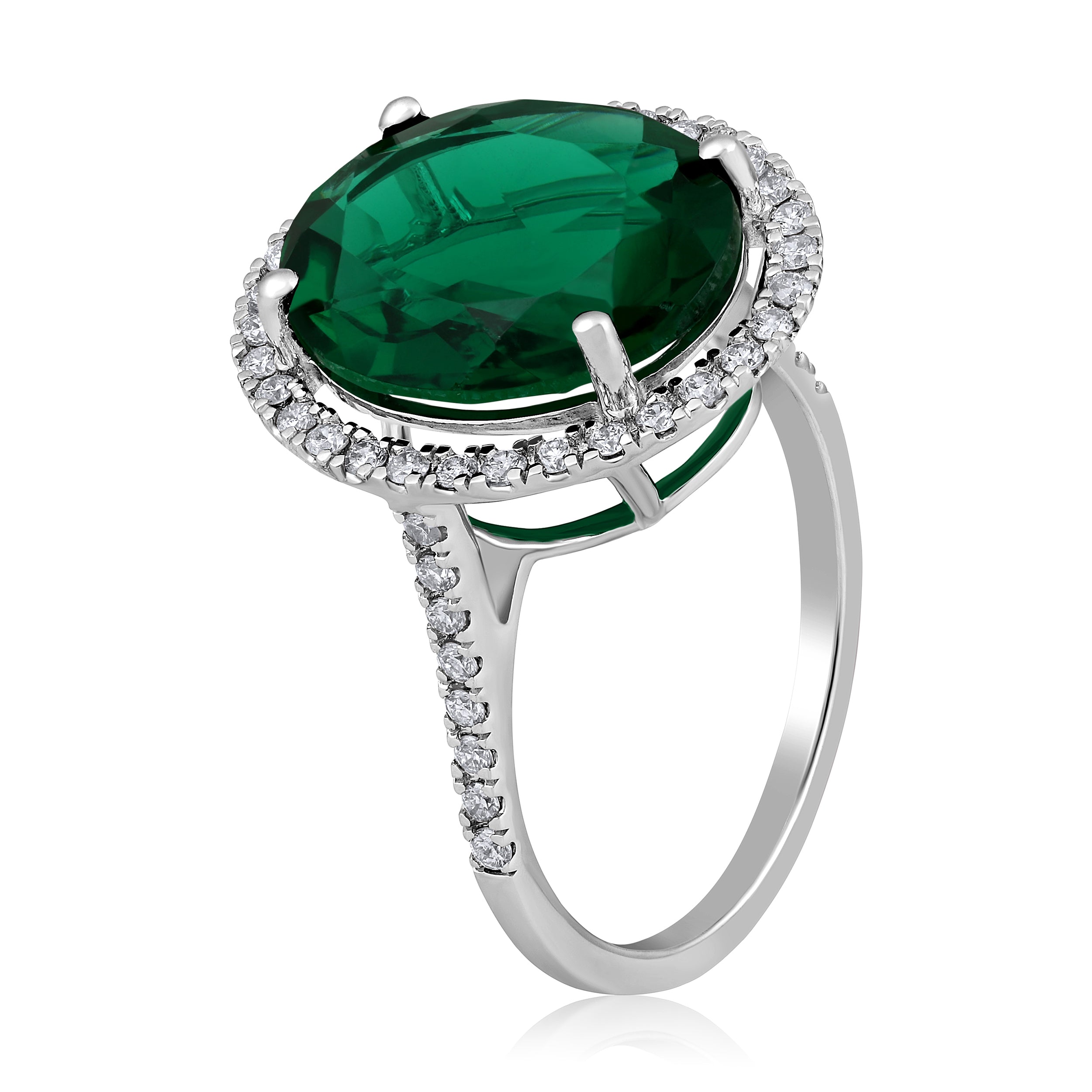 Certified 14K Gold 5.3ct Natural Diamond w/ Simulated Emerald Oval Halo White Ring
