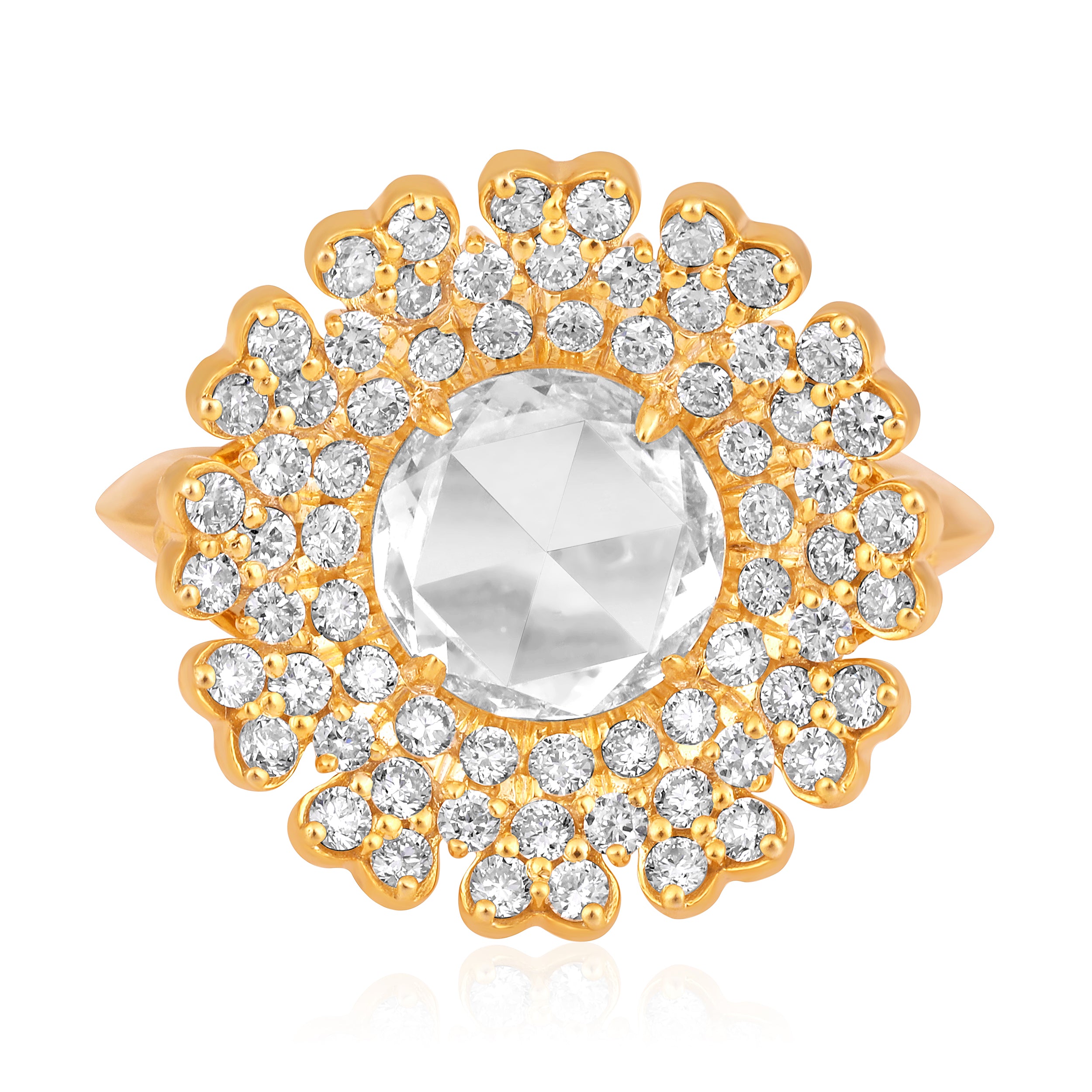 Certified 18K Gold 2.6ct Lab Created Diamond D-VVS Rose-Cut Curved Big Flower Cluster Yellow Ring