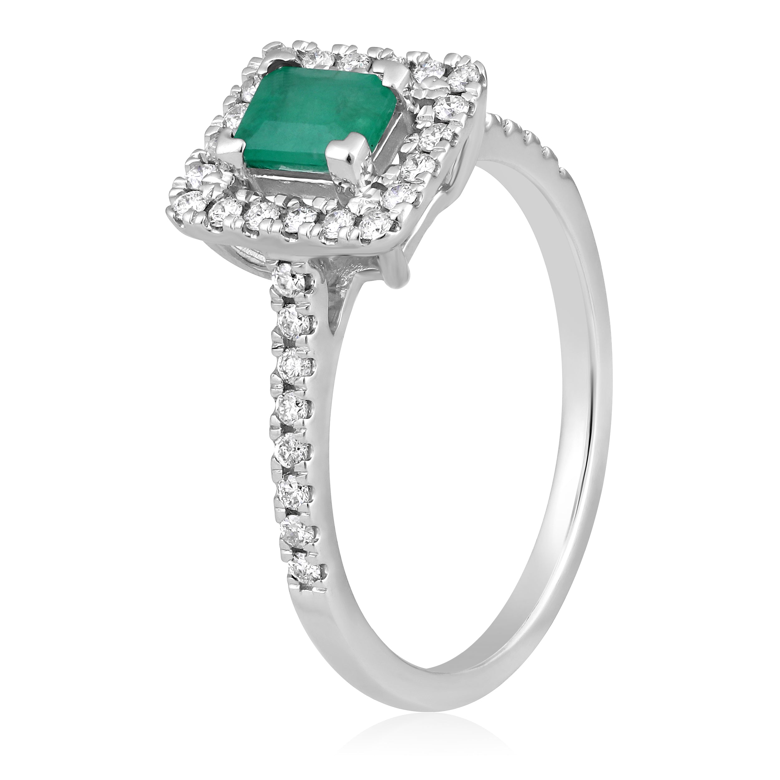 Certified 14K Gold 0.8ct Natural Emerald w/ Natural Diamond Solitaire Square Halo White Ring
