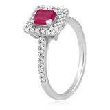 Certified 14K Gold 1ct Natural Ruby w/ Natural Diamond Solitaire Square Halo Certified White Ring