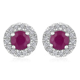 Certified 14K Gold 1.1ct Natural Ruby w/ Natural Diamond Round Halo Stud Certified White Earrings