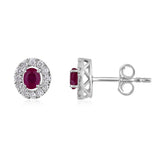 Certified 14K Gold 0.7ct Natural Ruby w/ Natural Diamond Oval Halo Stud White Earrings
