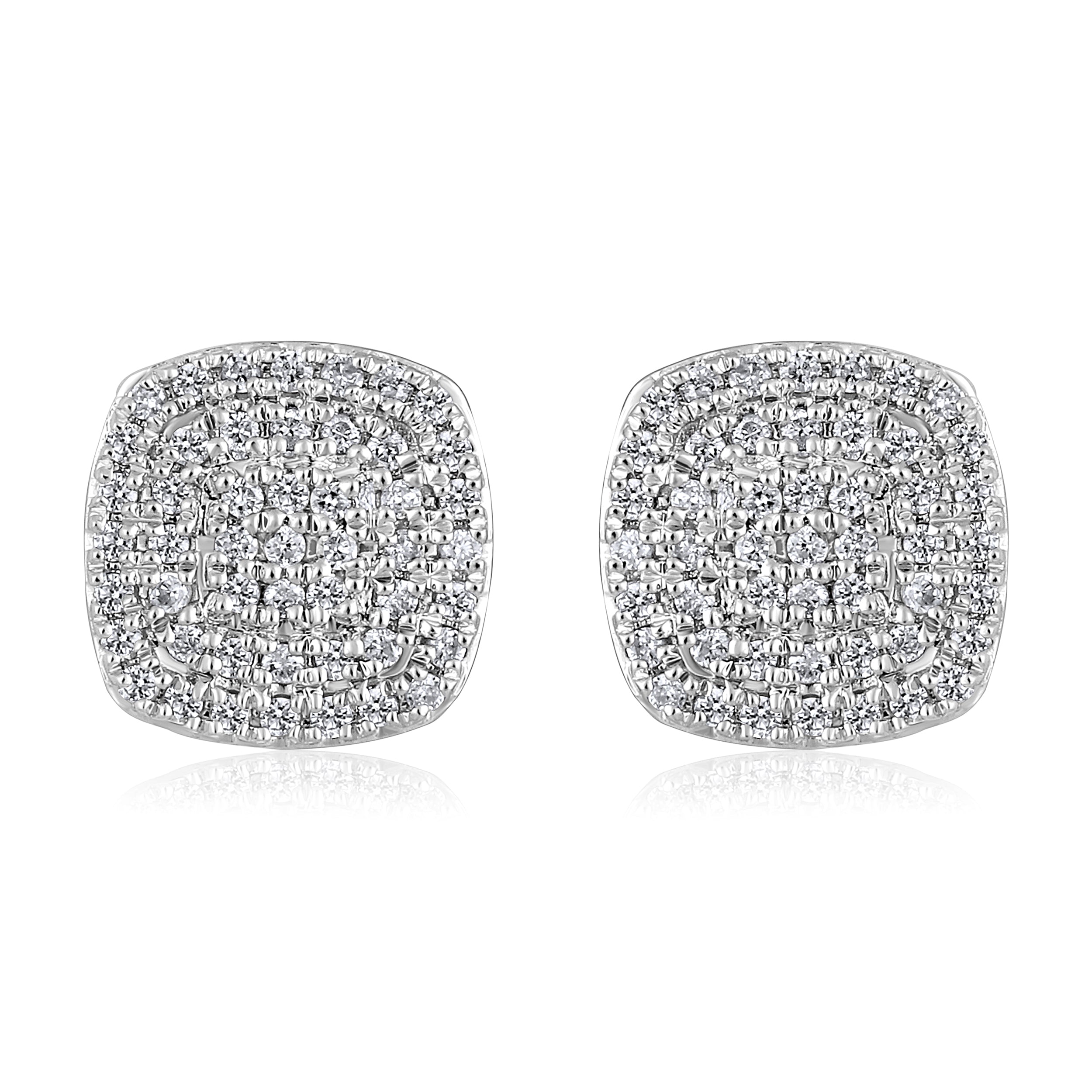 Certified 14K Gold 0.14ct Natural Diamond Cushion Cluster Square Stud White Earrings