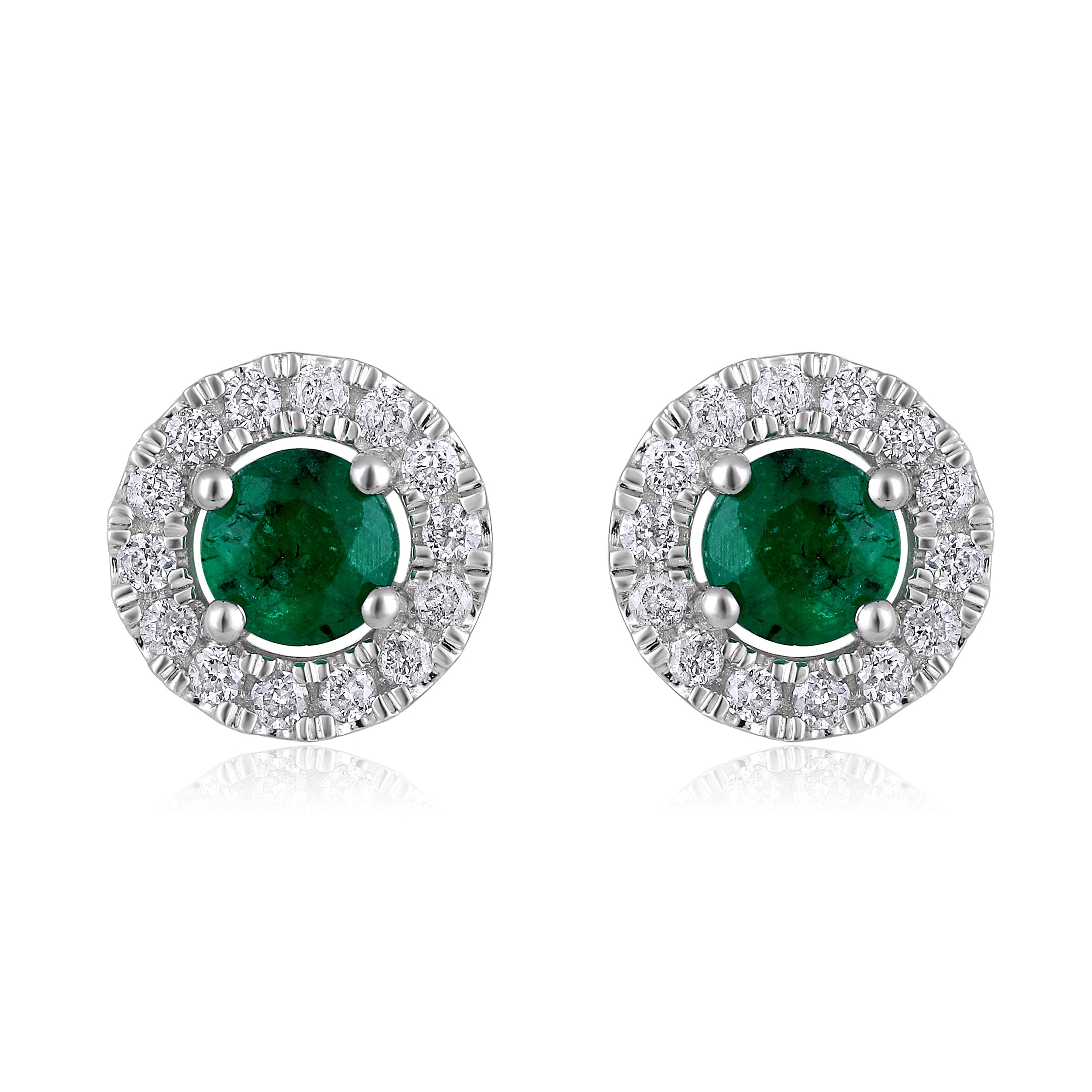 Certified 14K Gold 0.75ct Natural Emerald w/ Natural Diamond Round Halo Stud White Earrings