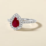 Certified 14K Gold 1.24ct Natural Ruby w/ Natural Diamond G-I1 Pear Solitaire Halo White Ring