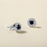 Certified 14K Gold 1.5ct Natural Sapphire w/ Natural Diamond Round Halo Stud White Earrings
