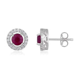 Certified 14K Gold 1.6ct Natural Ruby w/ Natural Diamond Round Halo Stud Certified White Earrings