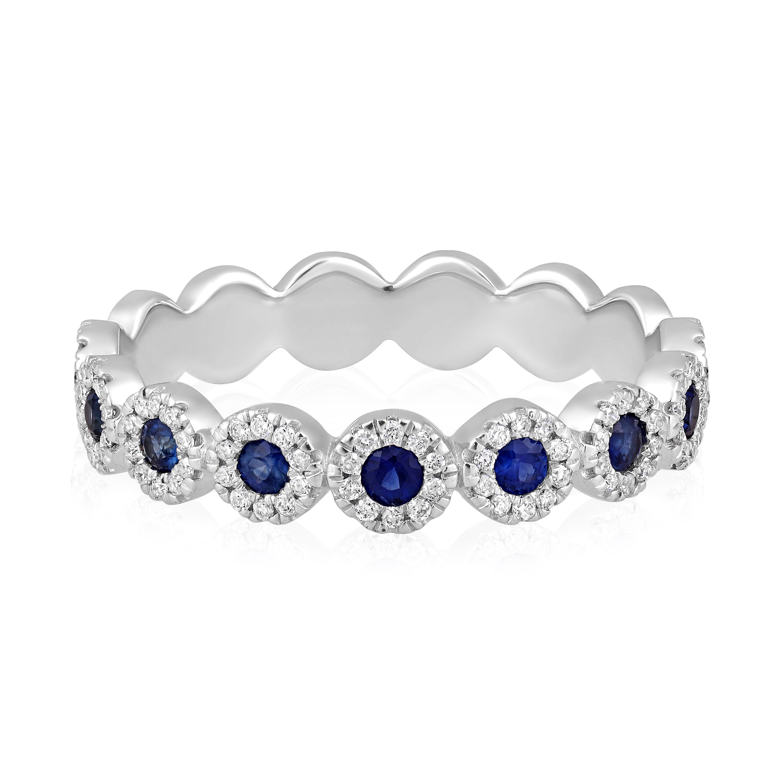 Certified 14K Gold 0.5ct Natural Sapphire w/ Natural Diamond Bezel Eternity Band White Ring
