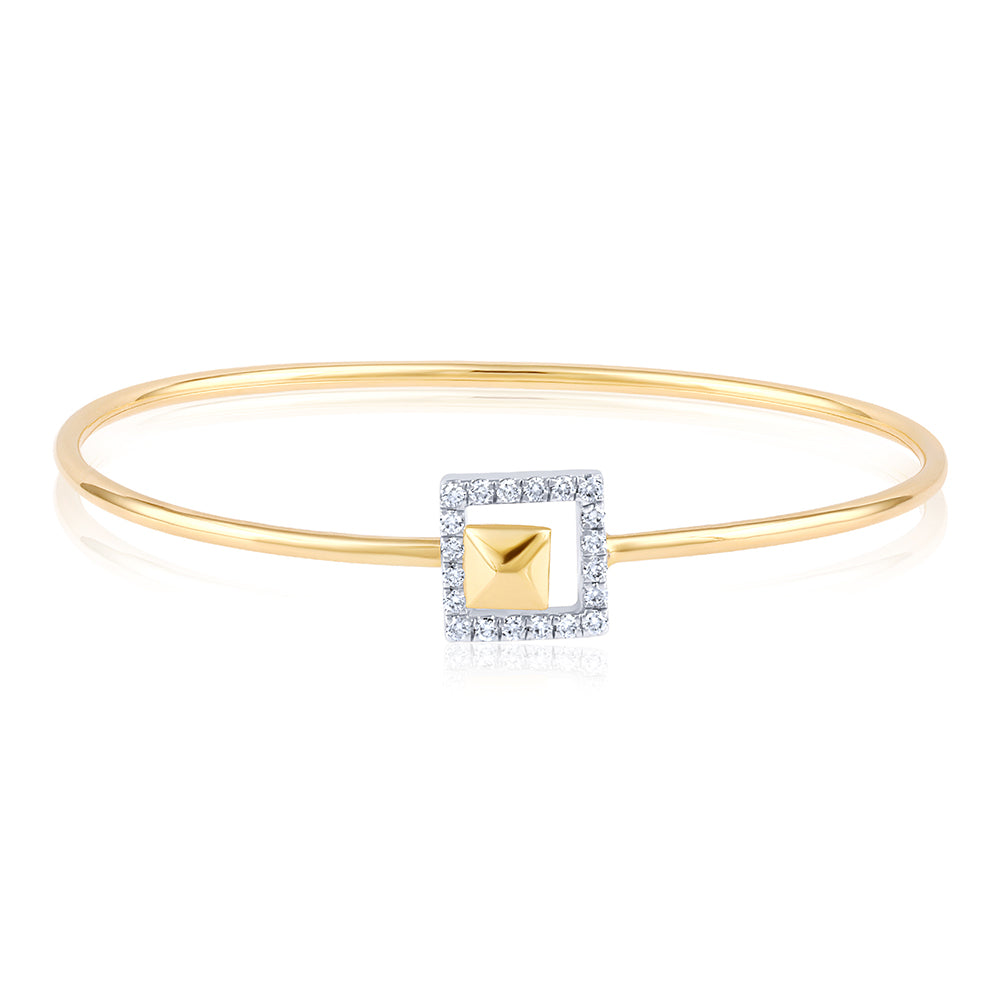 Certified 14K Gold Natural Diamond G-VVS Designer Square Lock Bangle Yellow Bracelet