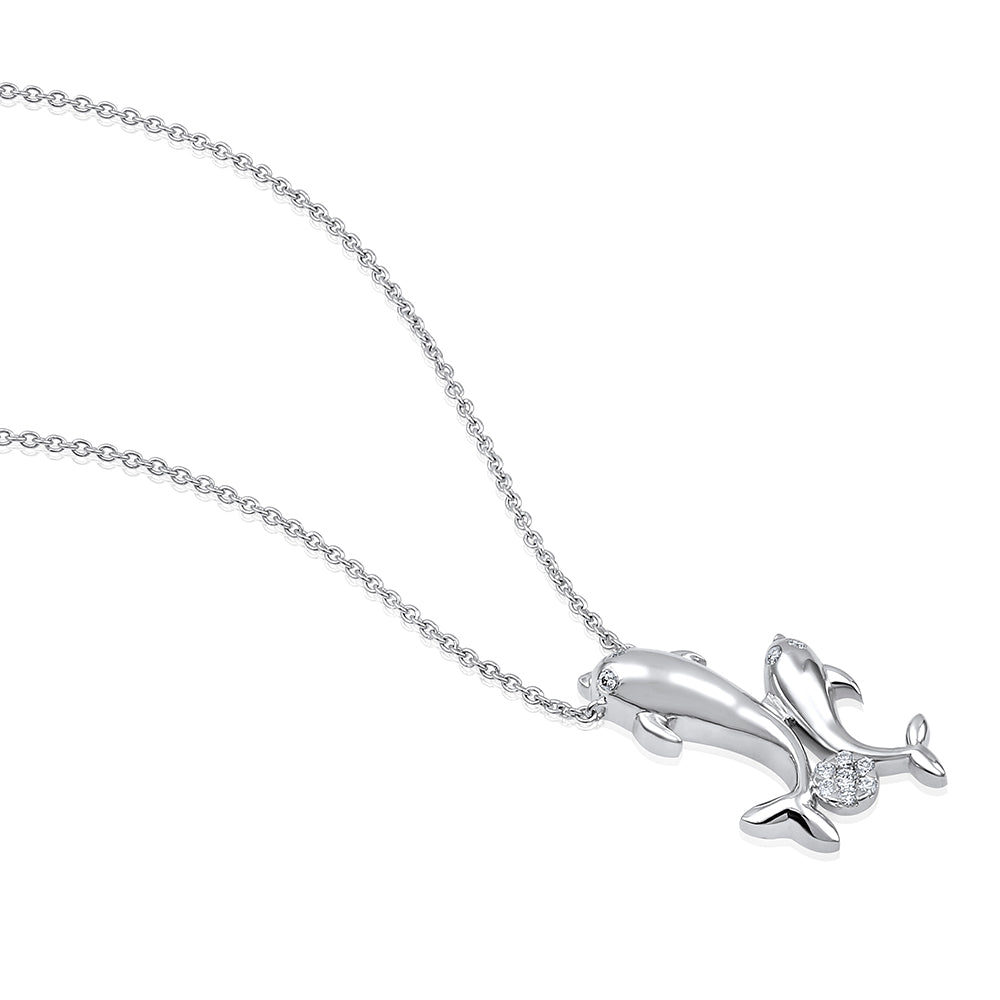 Certified 14K Gold Natural Diamond F-VS Designer Mother Daughter Dolphin White Necklace