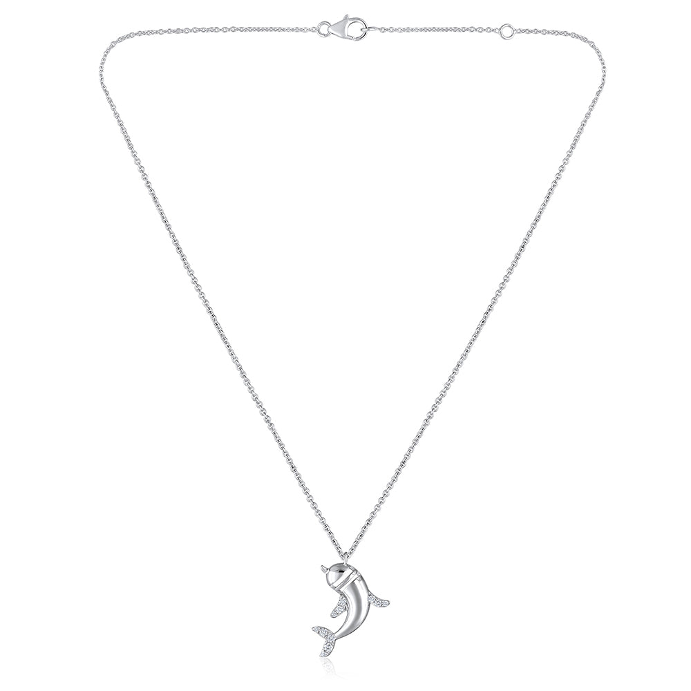 Certified 14K Gold Certified Natural Diamond F-VS Designer Dolphin Charm White Necklace