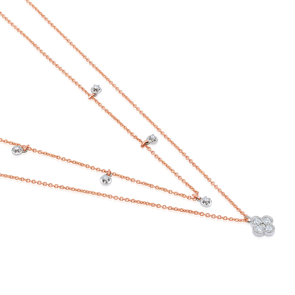 Certified 14K Gold Natural Diamond F-VS Clover Station Stack Layer Rose Necklace