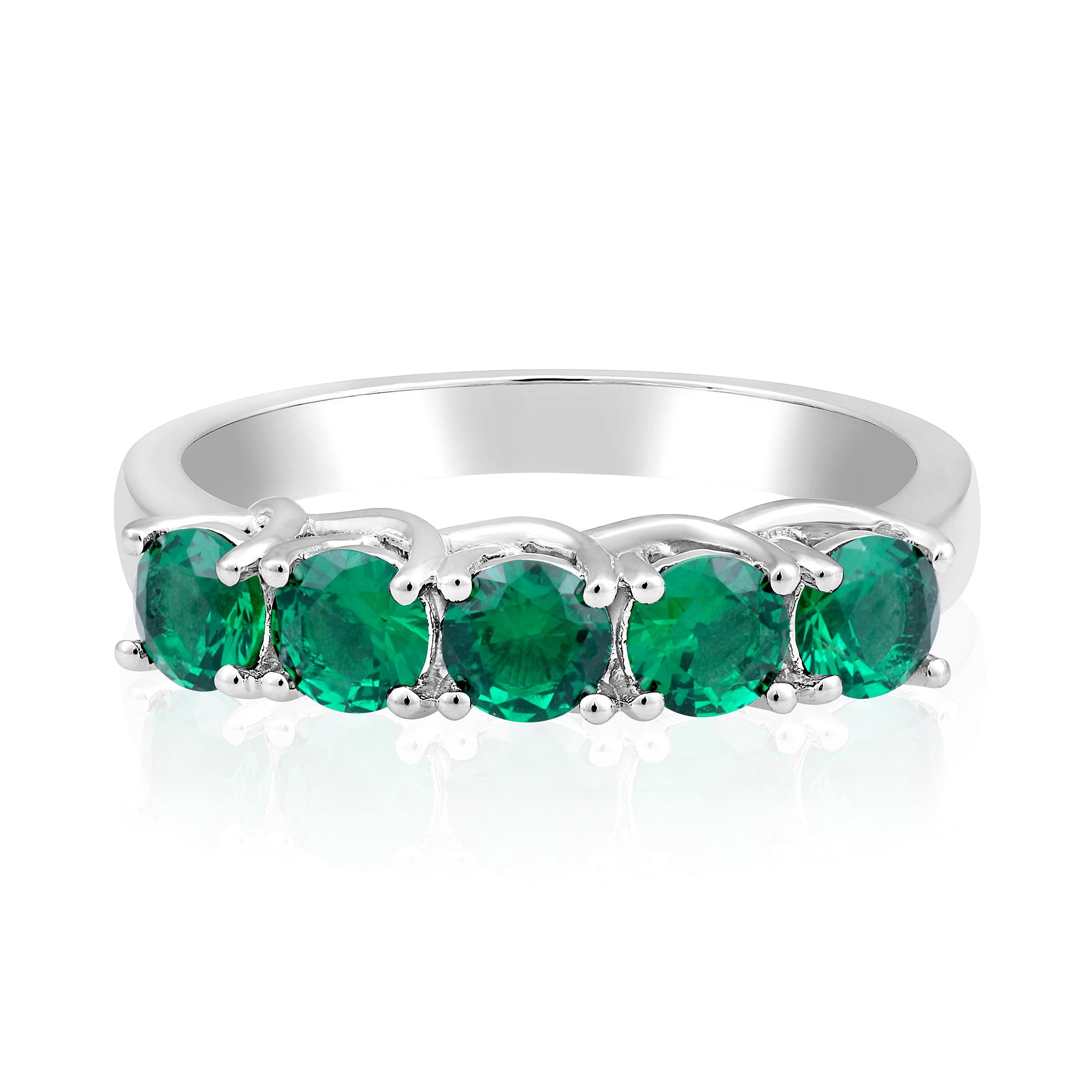 Certified 14K Gold 1.5ct Simulated Green Emerald Designer 5 Stone Prong Band White Ring