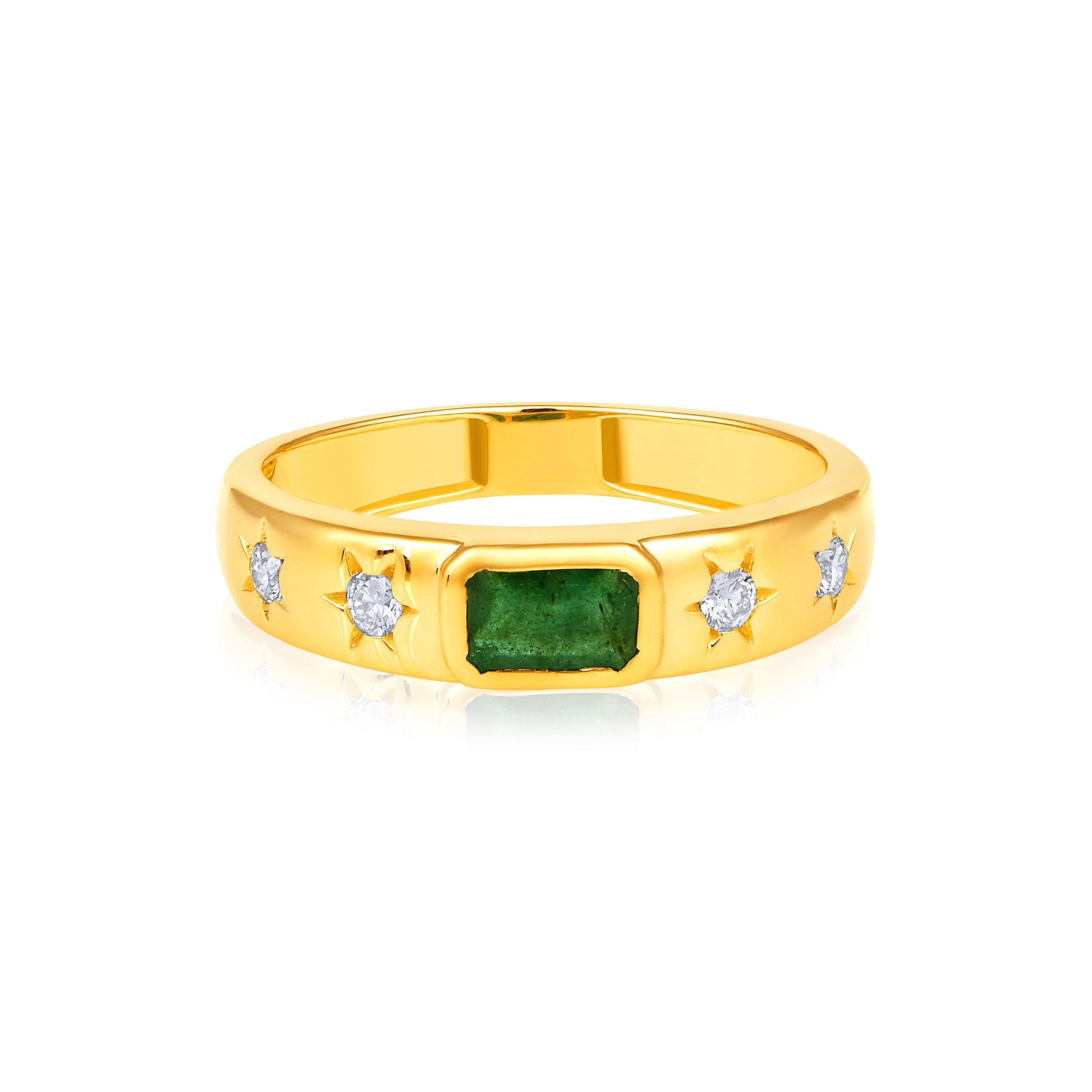 Certified 14K Gold 0.3ct Natural Diamond w/ Emerald Stone Star Band Ring