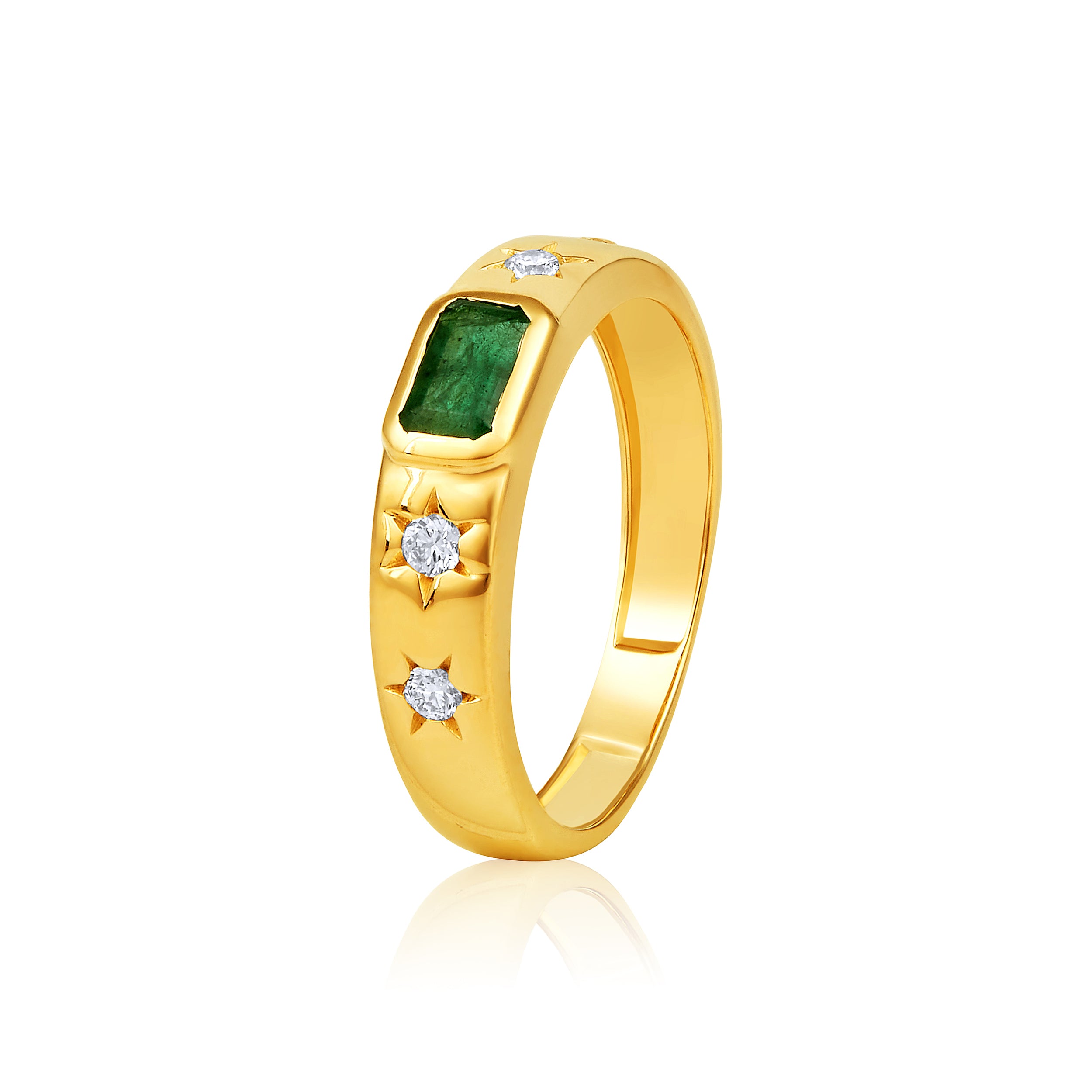 Certified 14K Gold 0.3ct Natural Diamond w/ Emerald Stone Star Band Ring