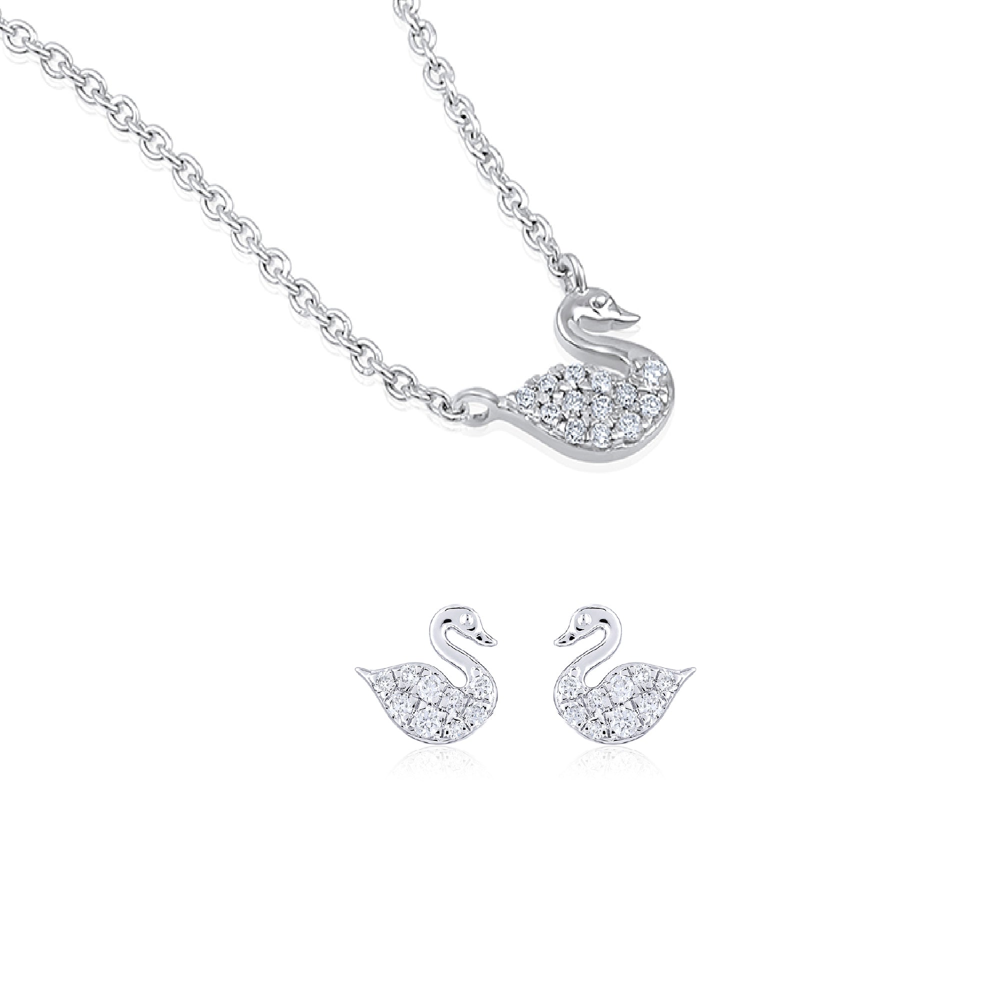 Certified 14K Gold 0.2ct Natural Diamond G-VVS Swan White Necklace Earrings Set