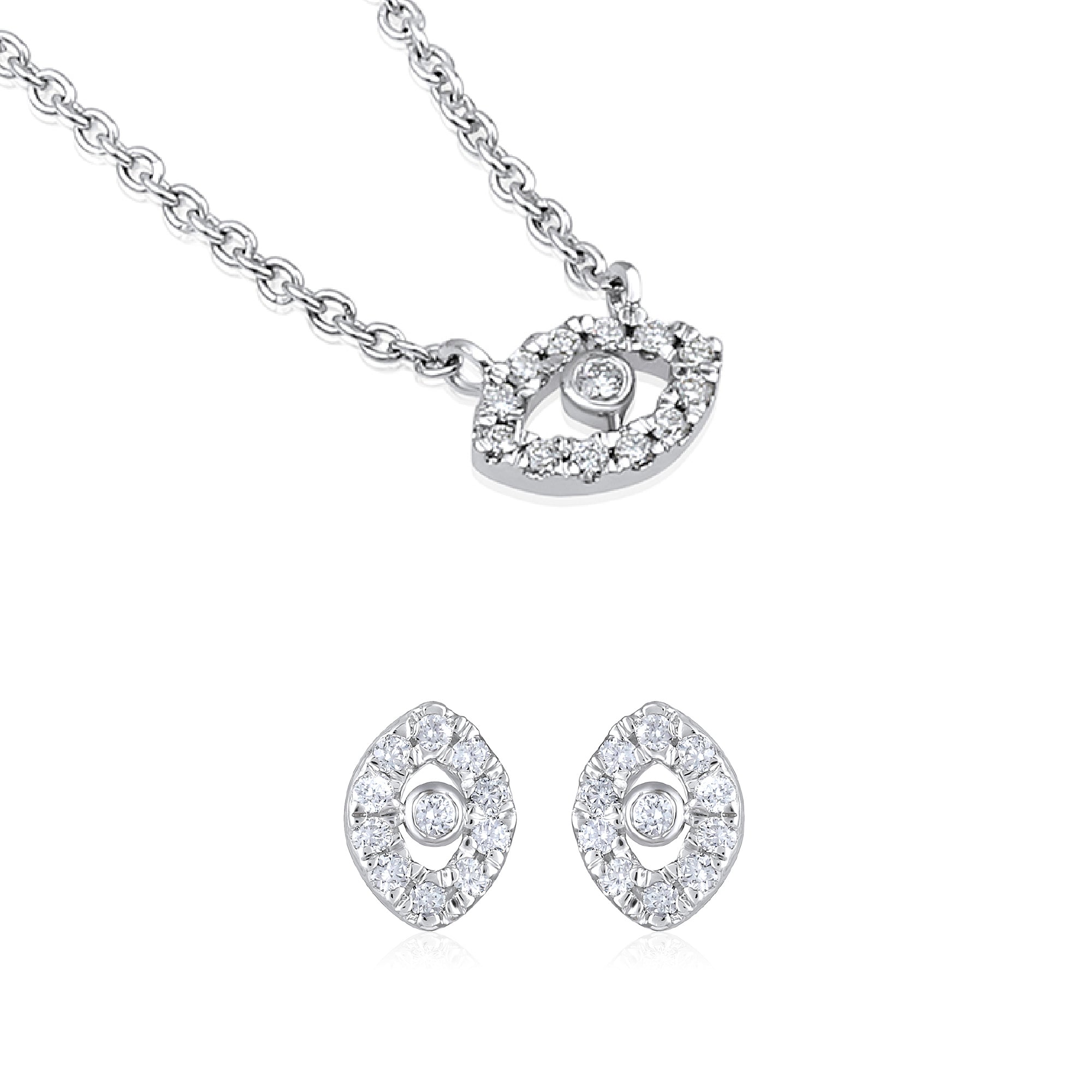Certified 14K Gold .2ct Natural Diamond F-VS Evil Eye White Necklace Earrings Set