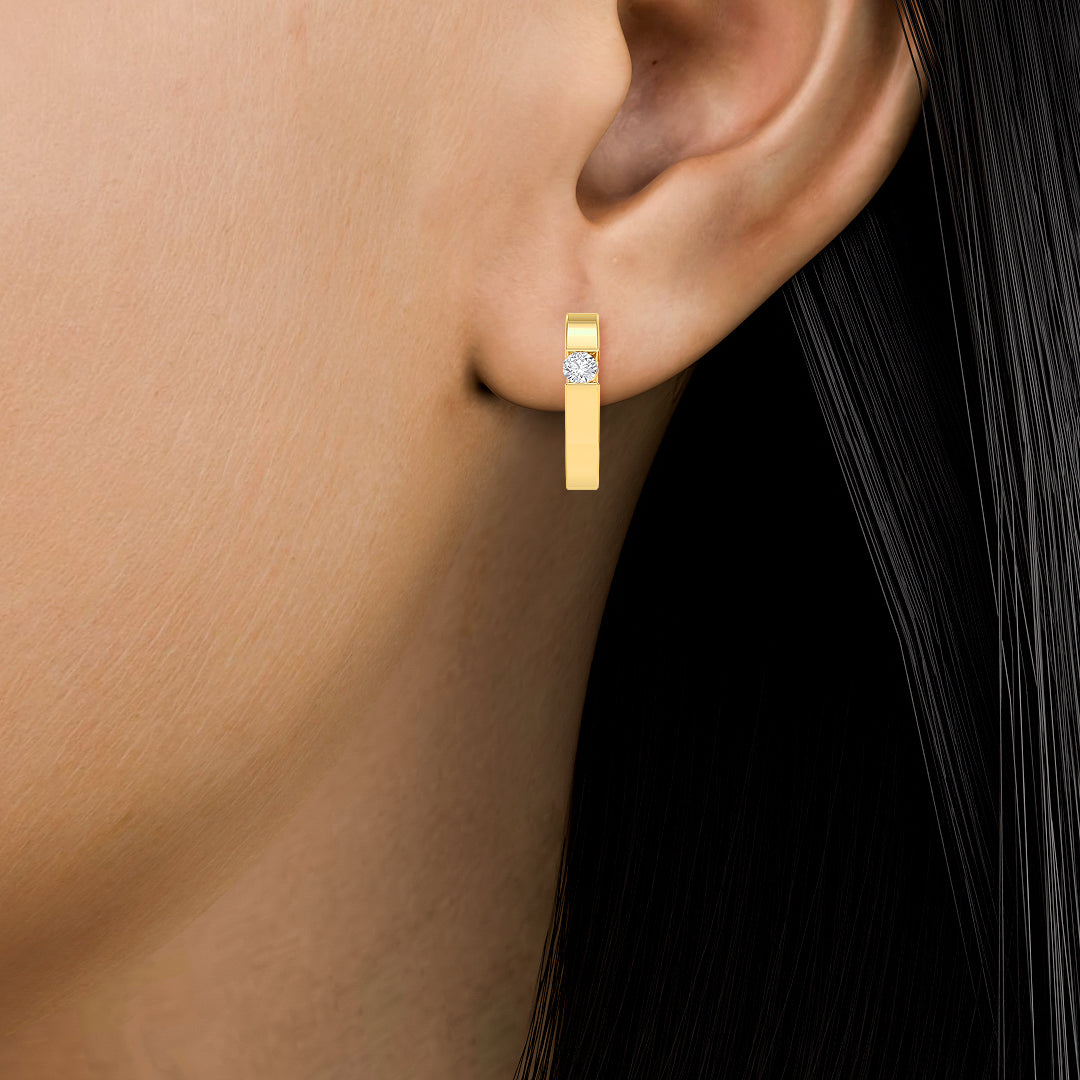 Certified 14K Gold 0.2ct Natural Diamond Single Huggie Hoop Solitaire  Earrings