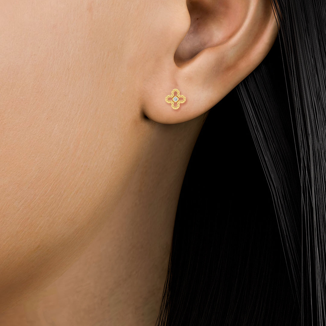 Certified 14K Gold 0.08ct Natural Diamond Clover Flower Stud Florentine Earrings