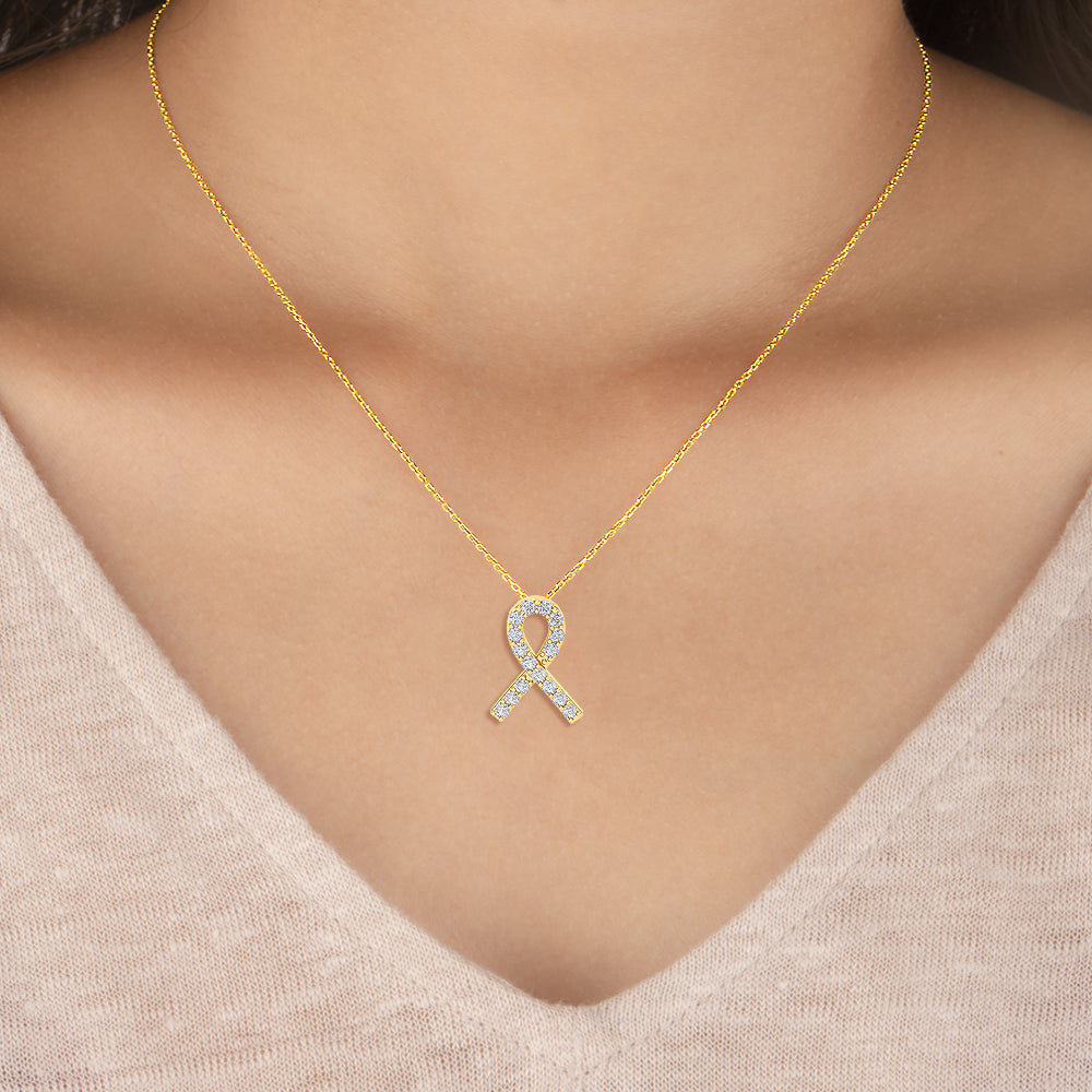 Certified 14K Gold Natural Diamond VS-SI Awareness Support Ribbon Yellow Necklace
