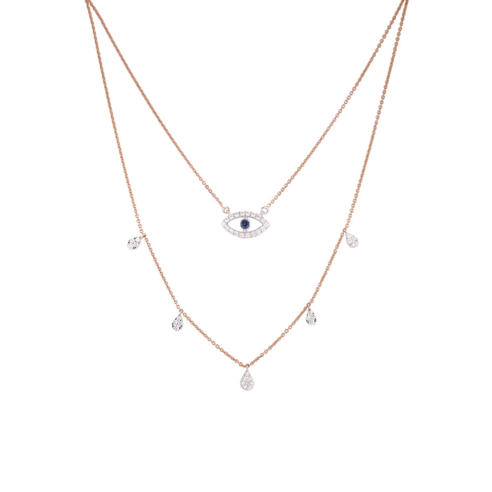 Certified 14K Gold Natural Diamond E-VVS Stack Pear Blue Evil-Eye Station Rose Necklace