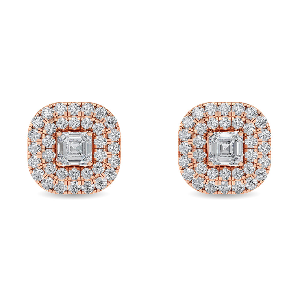 Certified 14K Gold  2.3ct Natural Diamond Square Halo Cushion Triple Stud Earrings