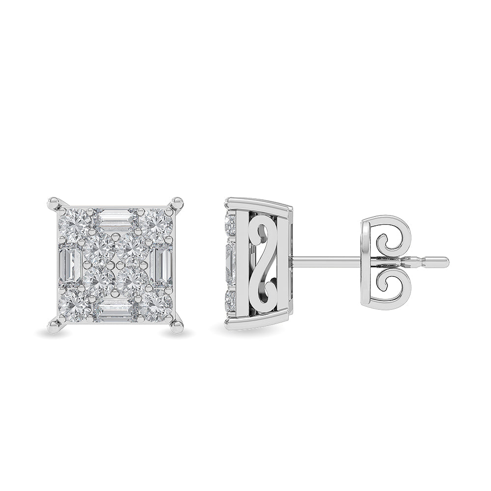 Certified 14K Gold  0.7ct Natural Diamond Baguette Multi-Stone Stud Earrings