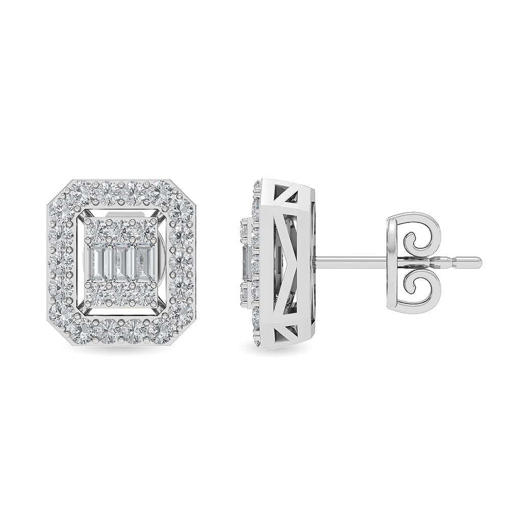 Certified 14K Gold  0.5ct Natural Diamond Baguette Octagon Halo Stud Earrings