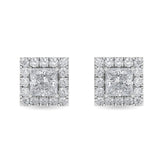 Certified 14K Gold  1.4ct Natural Diamond Princess Square Halo Stud Earrings