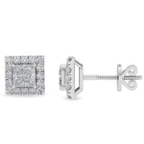 Certified 14K Gold  1.4ct Natural Diamond Princess Square Halo Stud Earrings