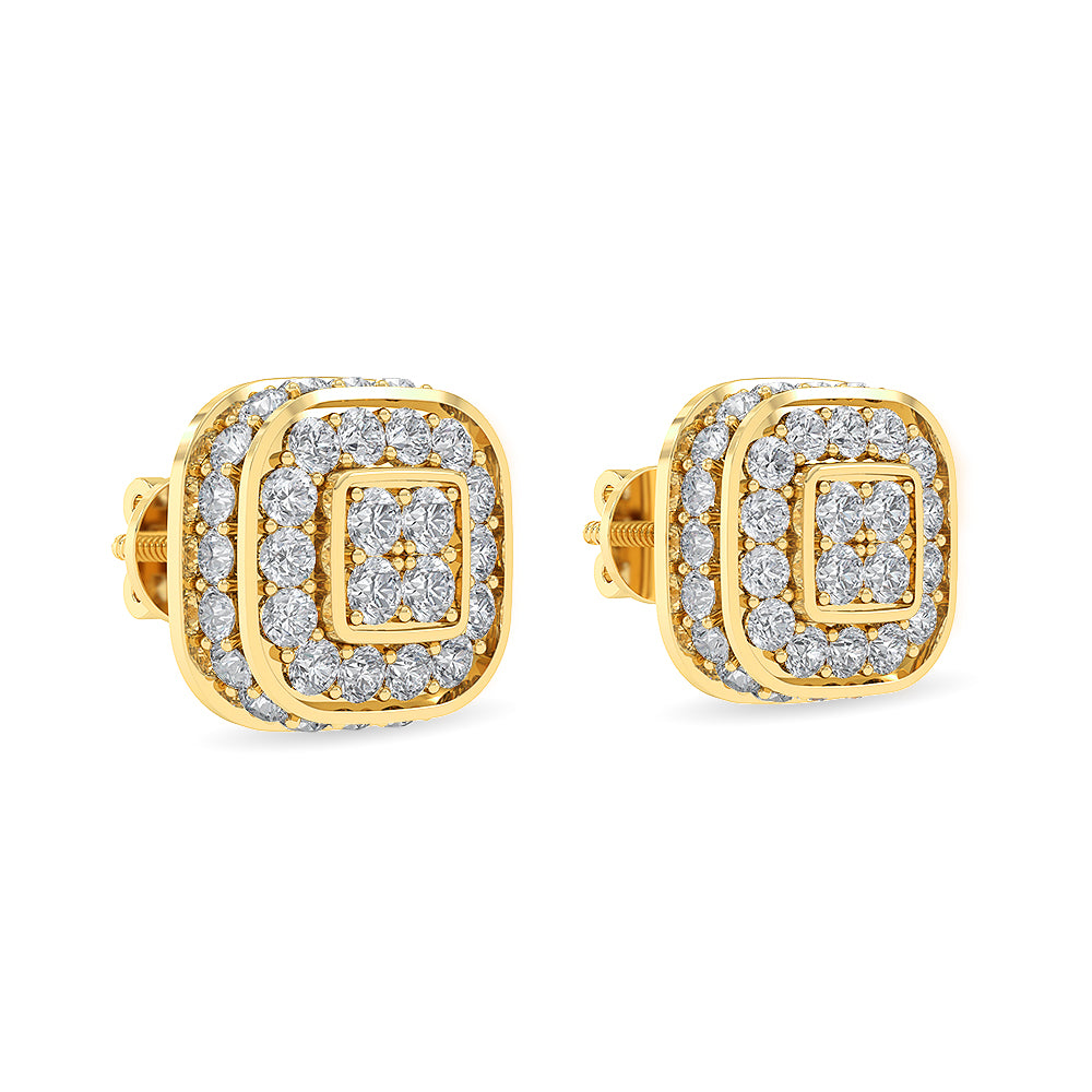 Certified 14K Gold  1.6ct Natural Diamond Halo Double Square Stud Earrings