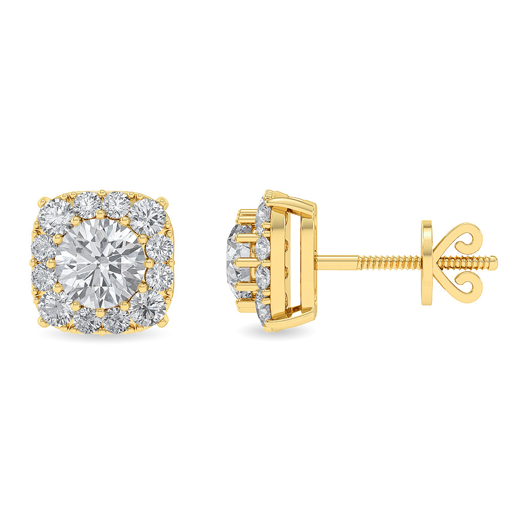 Certified 14K Gold  1.44ct Natural Diamond Halo Square Cushion Stud Earrings