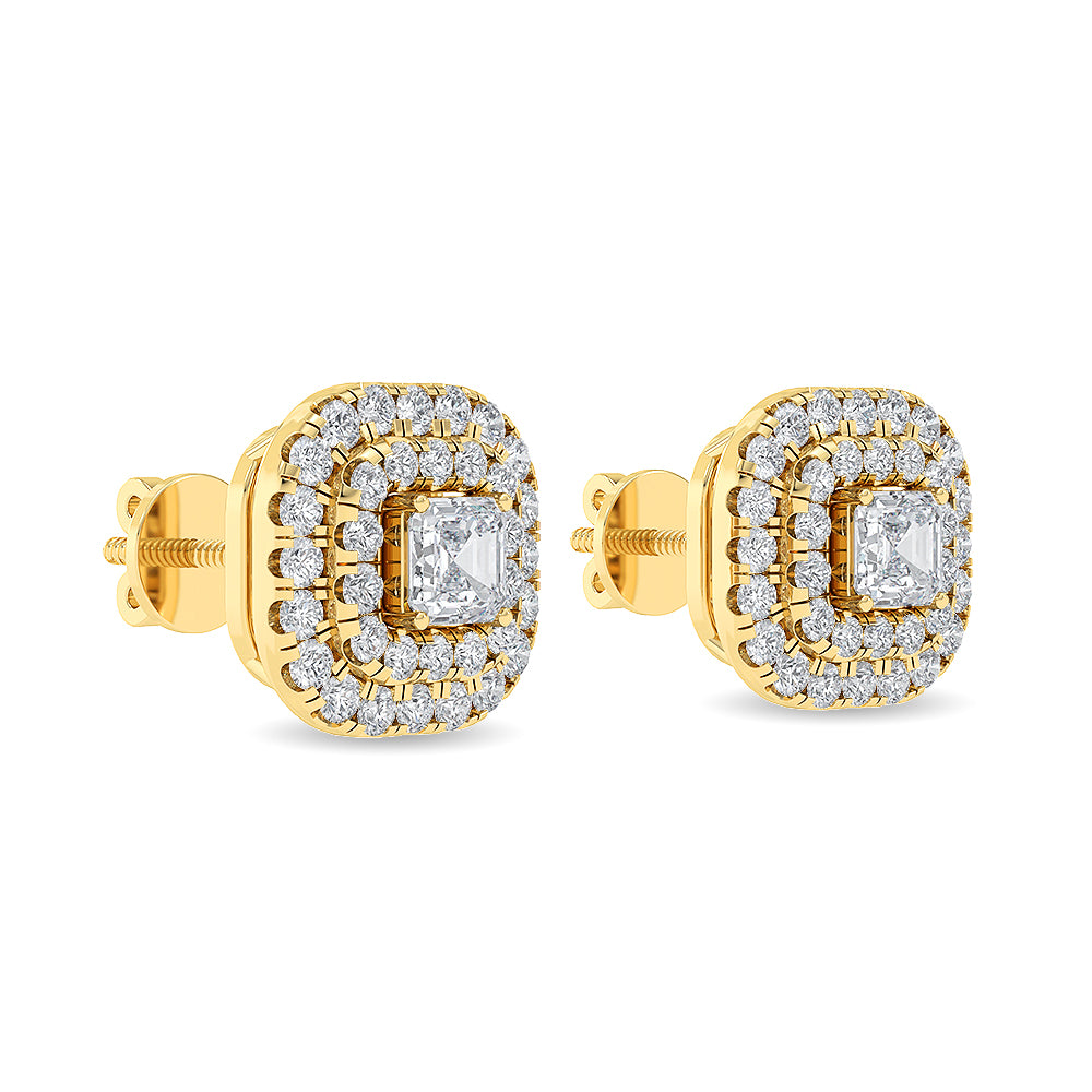 Certified 14K Gold  2.3ct Natural Diamond Square Halo Cushion Triple Stud Earrings