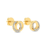 Certified 14K Gold 0.07ct Natural Diamond Double Circle Two Hoop Stud Earrings