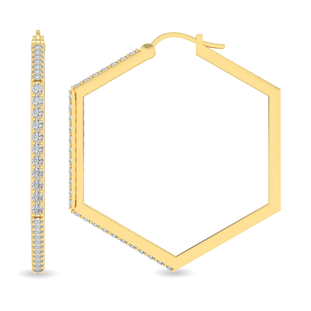 Certified 14K Gold  1.1ct Natural Diamond Hexagon Hoops Dangle Geometrical Earrings