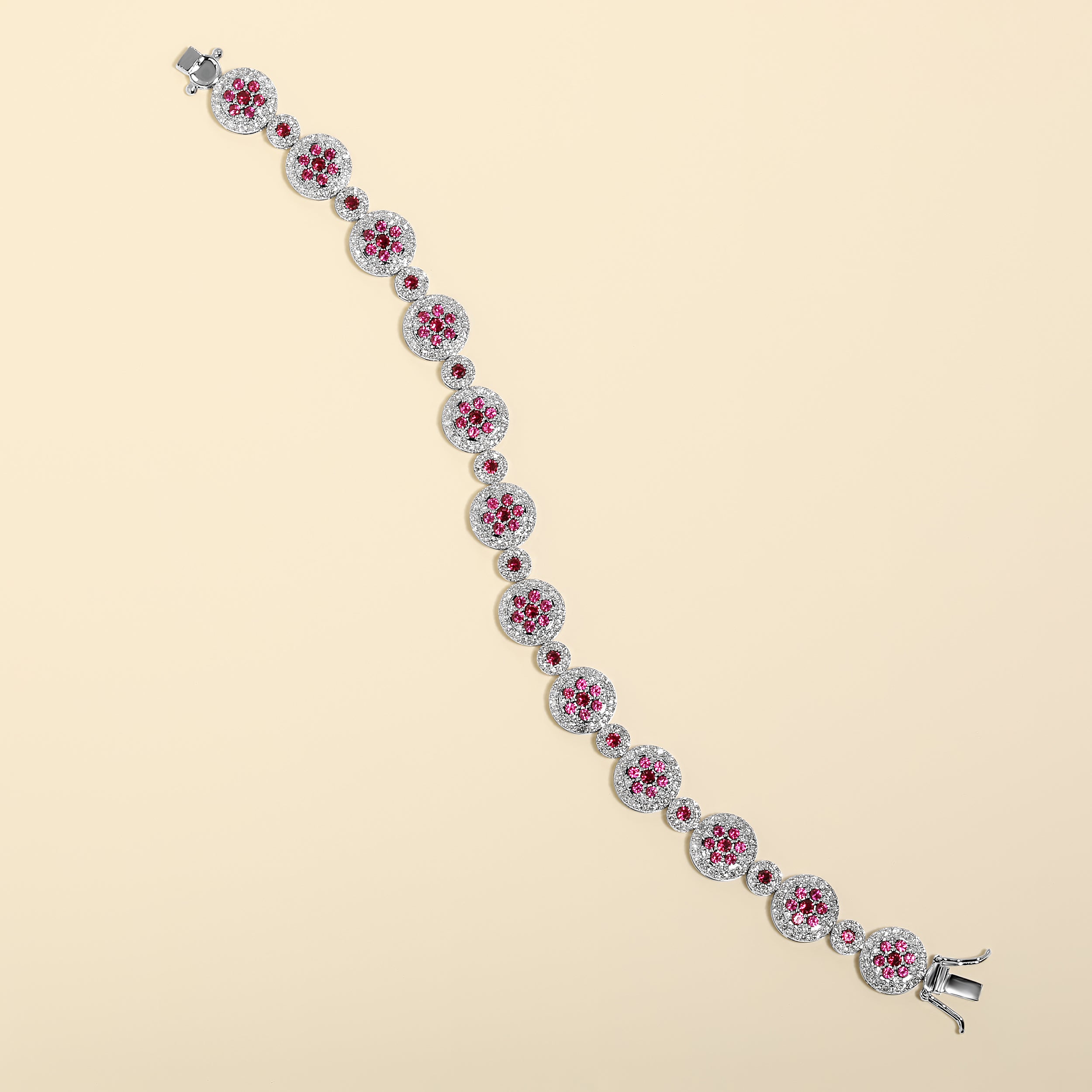 Certified 14K Gold 6.9ct Natural Diamond w/ Simulated Ruby Round Flower Tennis White Bracelet
