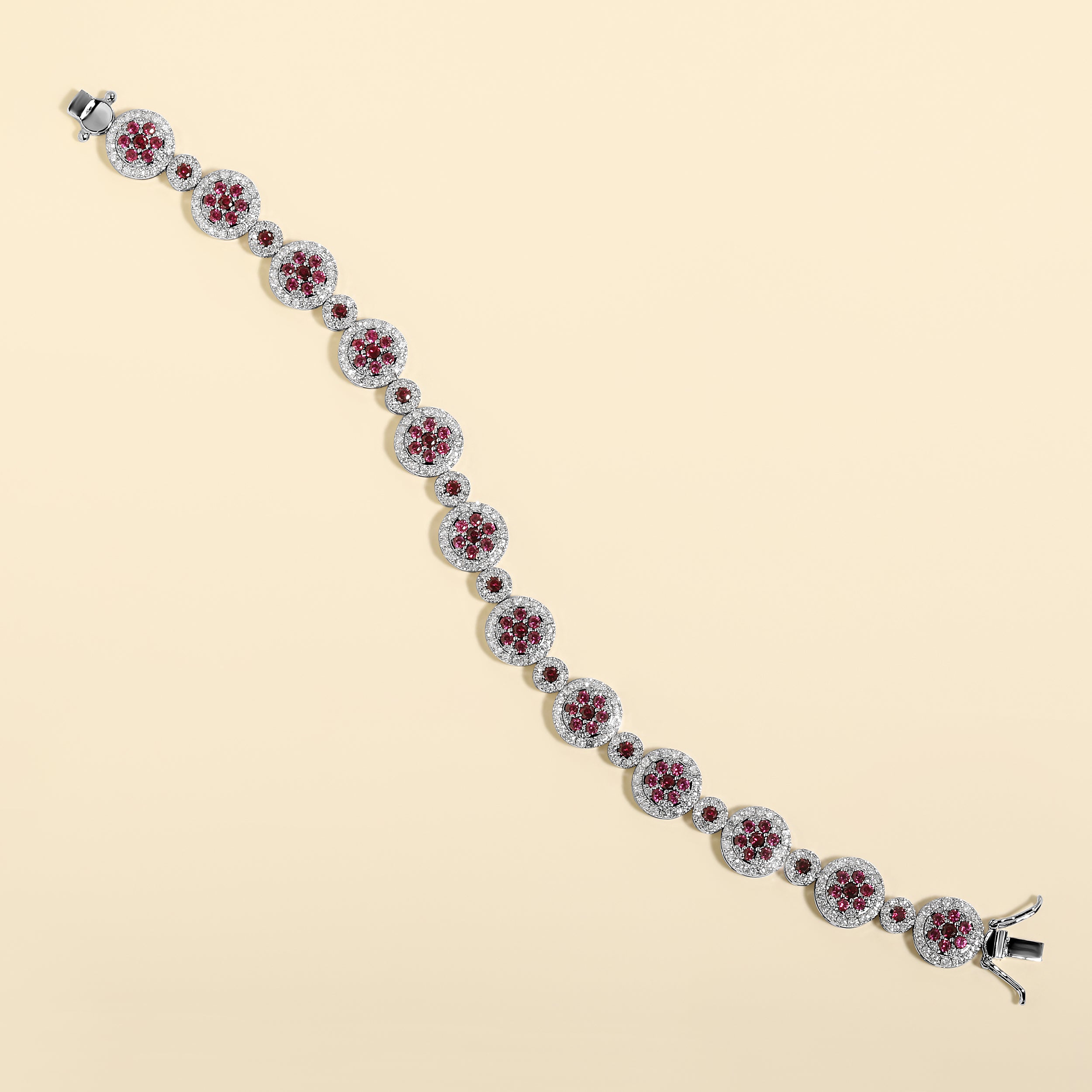 Certified 14K Gold 14.7ct Natural Diamond w/ Simulated Ruby Round Tennis White Bracelet