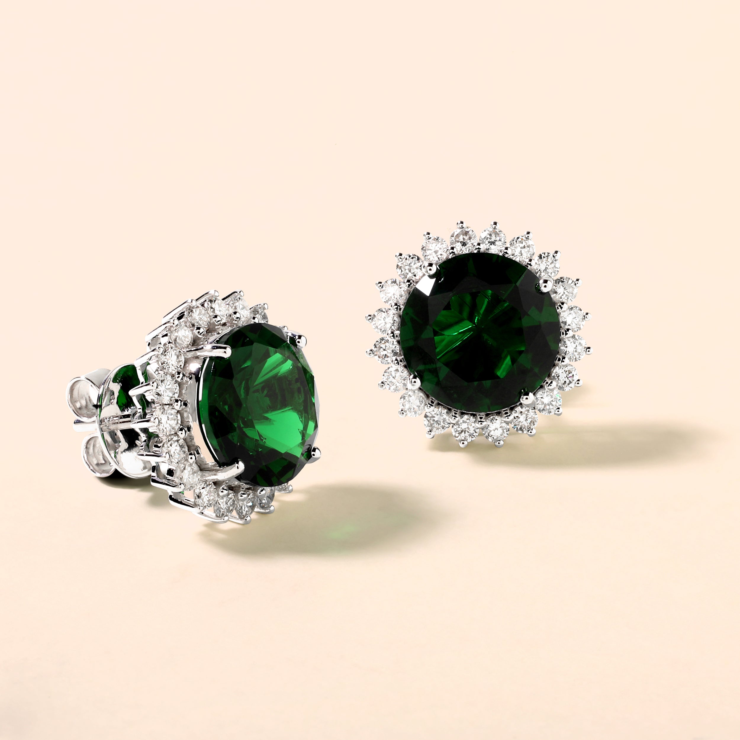 Certified 14K Gold 6.5ct Natural Diamond w/ Simulated Emerald Sunflower Stud White Earrings